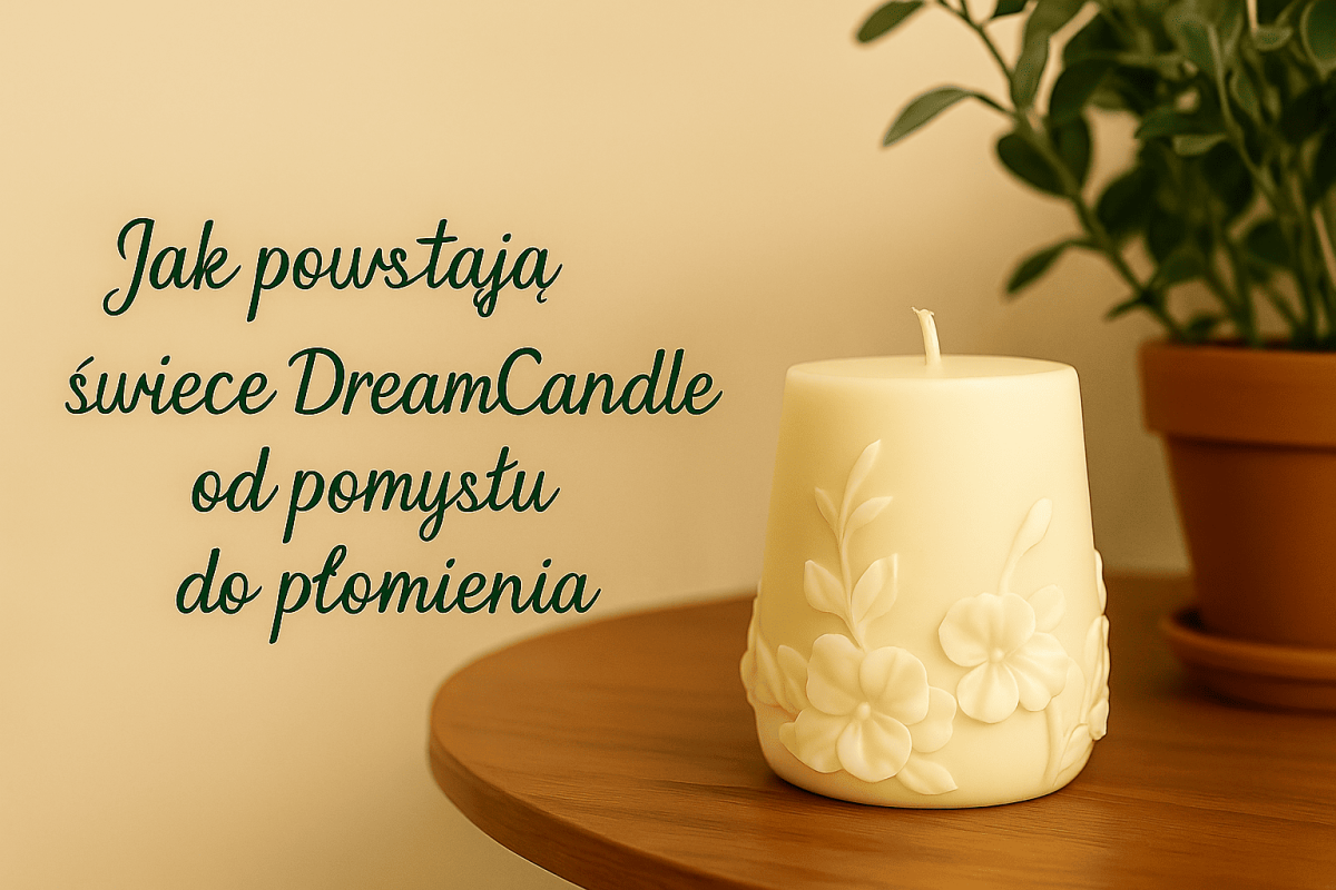 Świeca sojowa DreamCandle na drewnianym stole w ciepłym, naturalnym świetle.